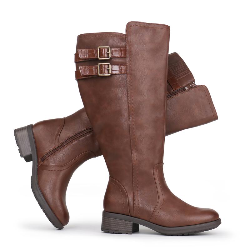 Women's Extra Wide Calf Block Heel Stacked Buckle Hidden Stretch Knee High Boots