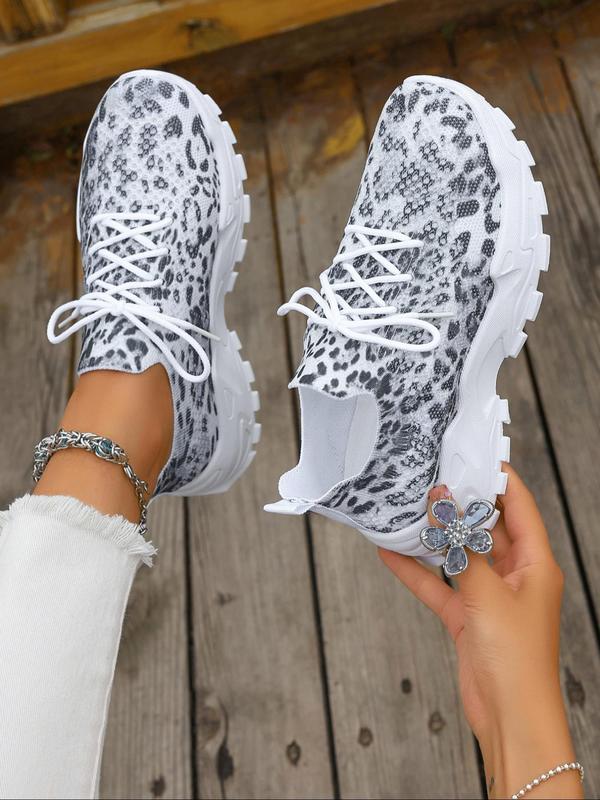 Women's Fashion Leopard Print Lace Up Mesh Sneakers, Casual Comfortable Breathable Running Sports Shoes, All-match Basic Shoes for Daily Wear, Athletic Footwear for Girl