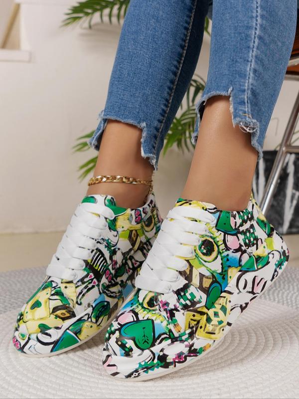 Women's Fashionable All Over Graffiti Print Lace Up Low Top Sneakers, Designer Shoes, Casual Comfortable Sports Shoes for Daily Wear, Platform Shoes for Women & Girls