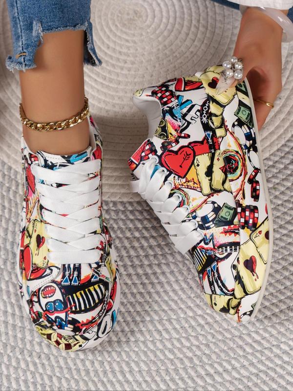 Women's Fashionable All Over Graffiti Print Lace Up Low Top Sneakers, Designer Shoes, Casual Comfortable Sports Shoes for Daily Wear, Platform Shoes for Women & Girls