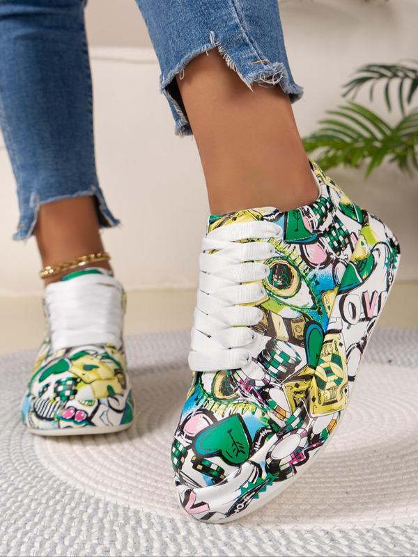 Women's Fashionable All Over Graffiti Print Lace Up Low Top Sneakers, Designer Shoes, Casual Comfortable Sports Shoes for Daily Wear, Platform Shoes for Women & Girls