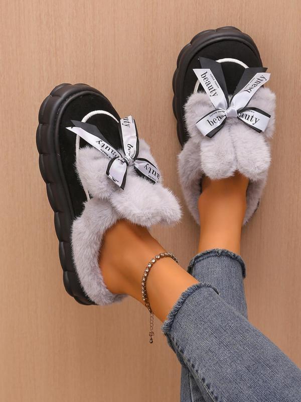 Women's Cute Bowknot Design Plush Slippers, Casual Soft Comfortable Home Slippers, Warm Slippers for Indoor & Outdoor Use for Fall & Winter