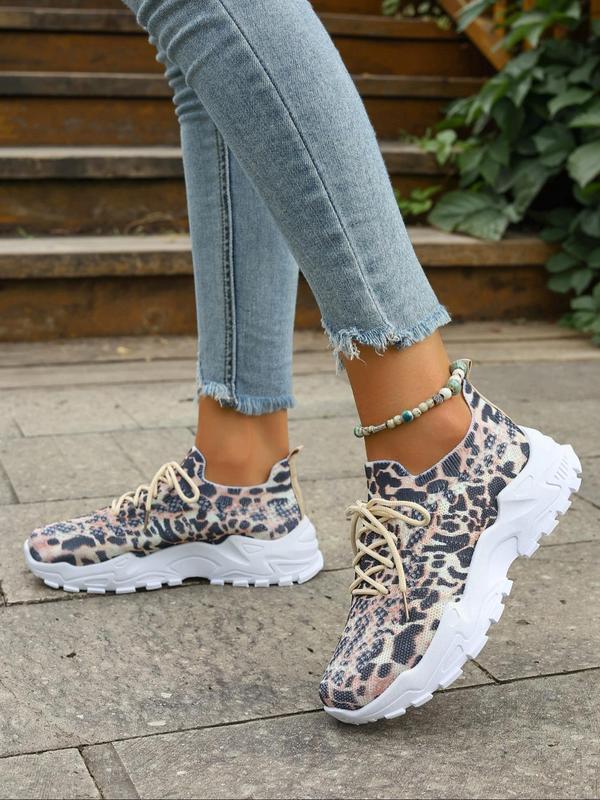 Women's Fashion Leopard Print Lace Up Mesh Sneakers, Casual Comfortable Breathable Running Sports Shoes, All-match Basic Shoes for Daily Wear, Athletic Footwear for Girl