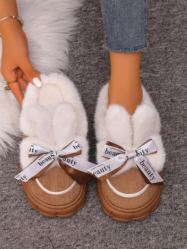 Women's Cute Bowknot Design Plush Slippers, Casual Soft Comfortable Home Slippers, Warm Slippers for Indoor & Outdoor Use for Fall & Winter