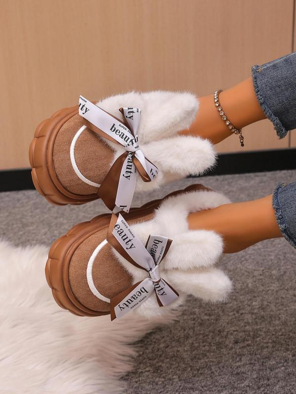 Women's Cute Bowknot Design Plush Slippers, Casual Soft Comfortable Home Slippers, Warm Slippers for Indoor & Outdoor Use for Fall & Winter