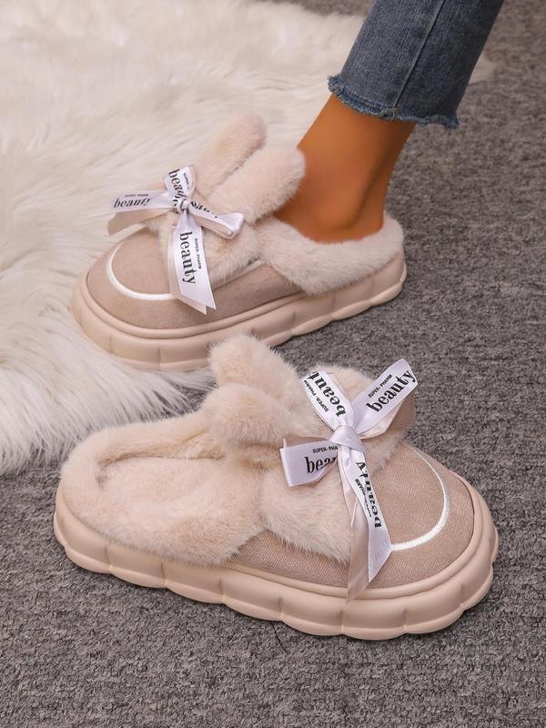 Women's Cute Bowknot Design Plush Slippers, Casual Soft Comfortable Home Slippers, Warm Slippers for Indoor & Outdoor Use for Fall & Winter