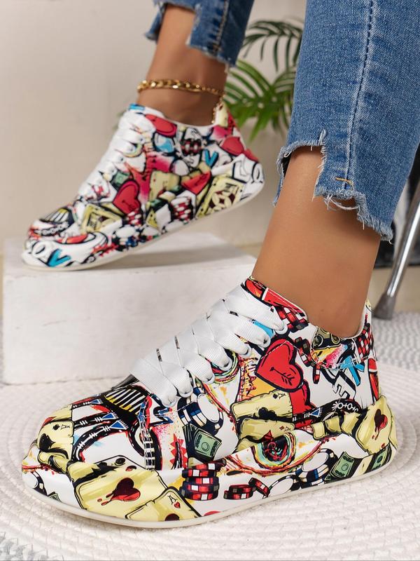 Women's Fashionable All Over Graffiti Print Lace Up Low Top Sneakers, Designer Shoes, Casual Comfortable Sports Shoes for Daily Wear, Platform Shoes for Women & Girls