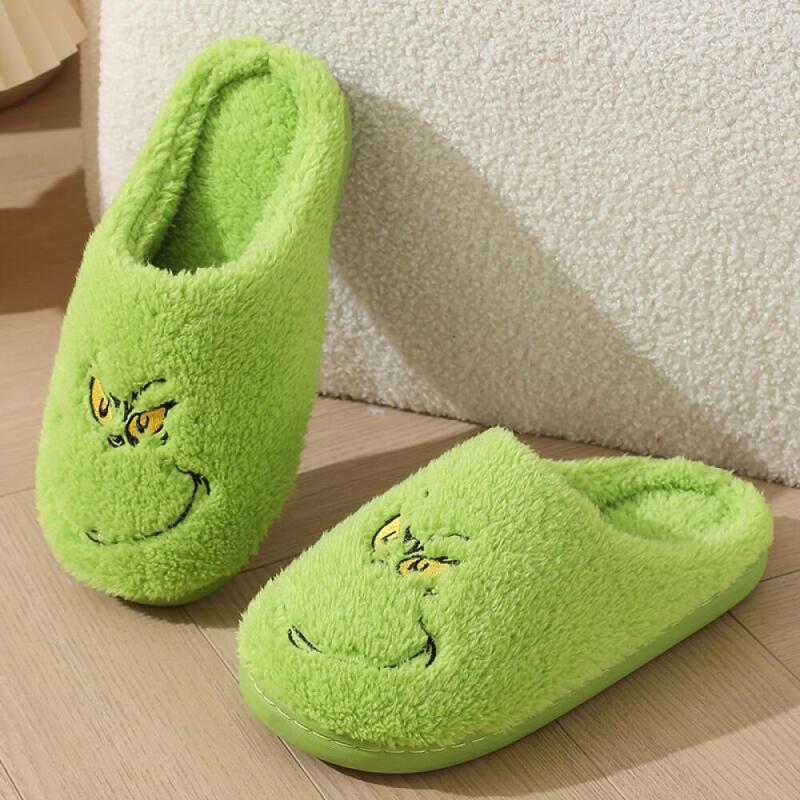 Women's Slippers Green Merry Grinchmas Cartoon House Shoes with Santa Hat Soft Cozy Slippers Walking Shoes Girl