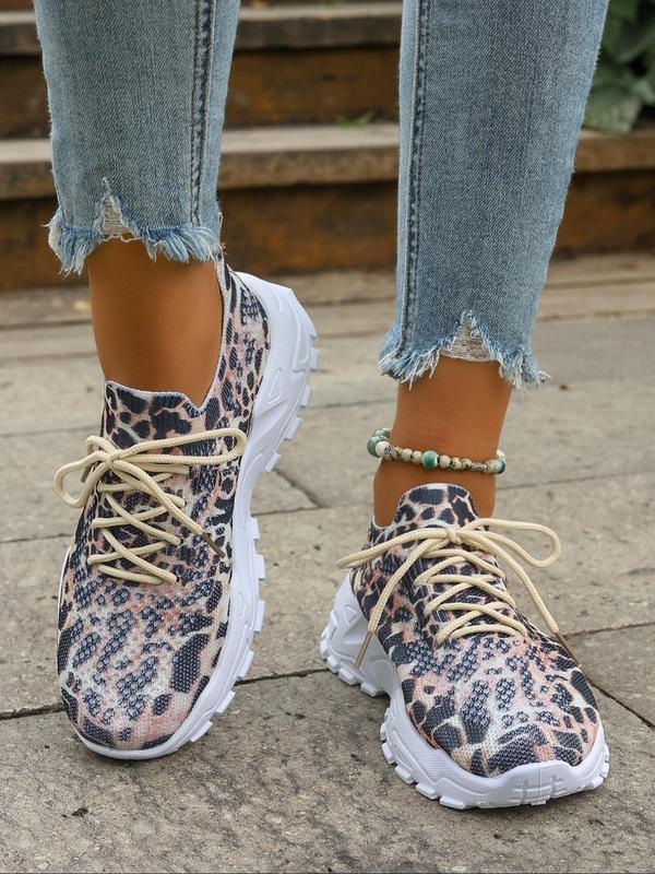 Women's Fashion Leopard Print Lace Up Mesh Sneakers, Casual Comfortable Breathable Running Sports Shoes, All-match Basic Shoes for Daily Wear, Athletic Footwear for Girl