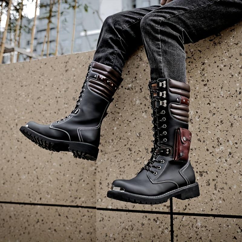 Men's Fashion Rivet Motorcycle Boots, Knee High Casual Non-Slip Boots, with PU Leather Upper, Suitable for Outdoor, Autumn and Winter