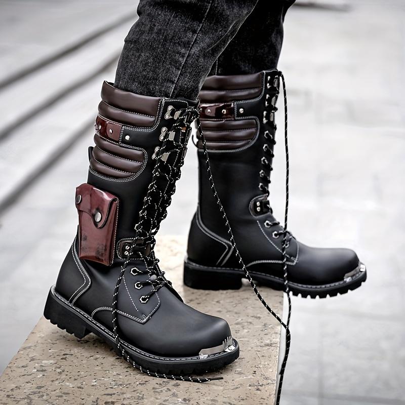 Men's Fashion Rivet Motorcycle Boots, Knee High Casual Non-Slip Boots, with PU Leather Upper, Suitable for Outdoor, Autumn and Winter