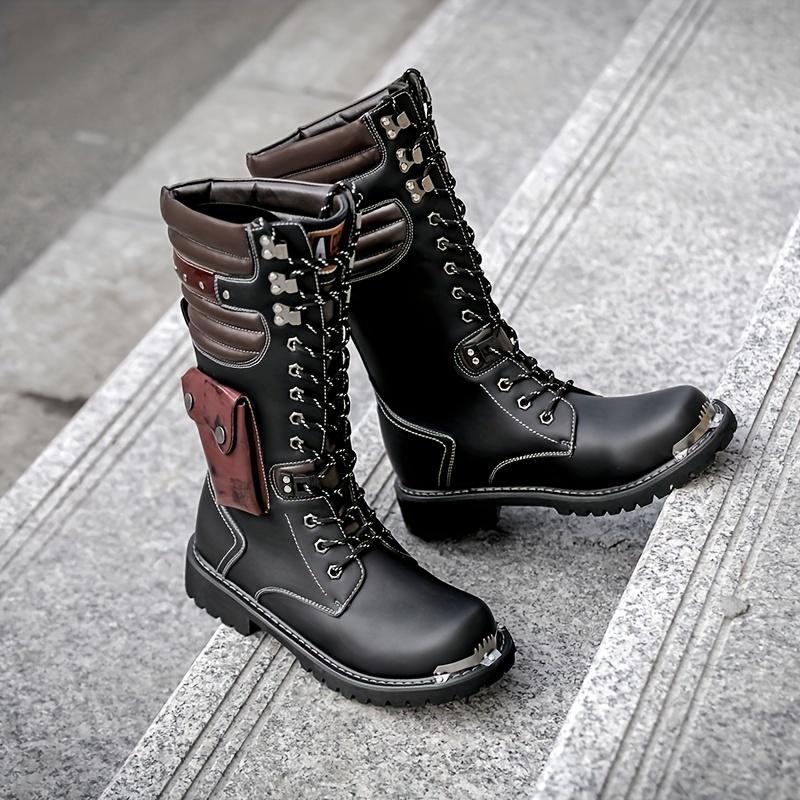 Men's Fashion Rivet Motorcycle Boots, Knee High Casual Non-Slip Boots, with PU Leather Upper, Suitable for Outdoor, Autumn and Winter