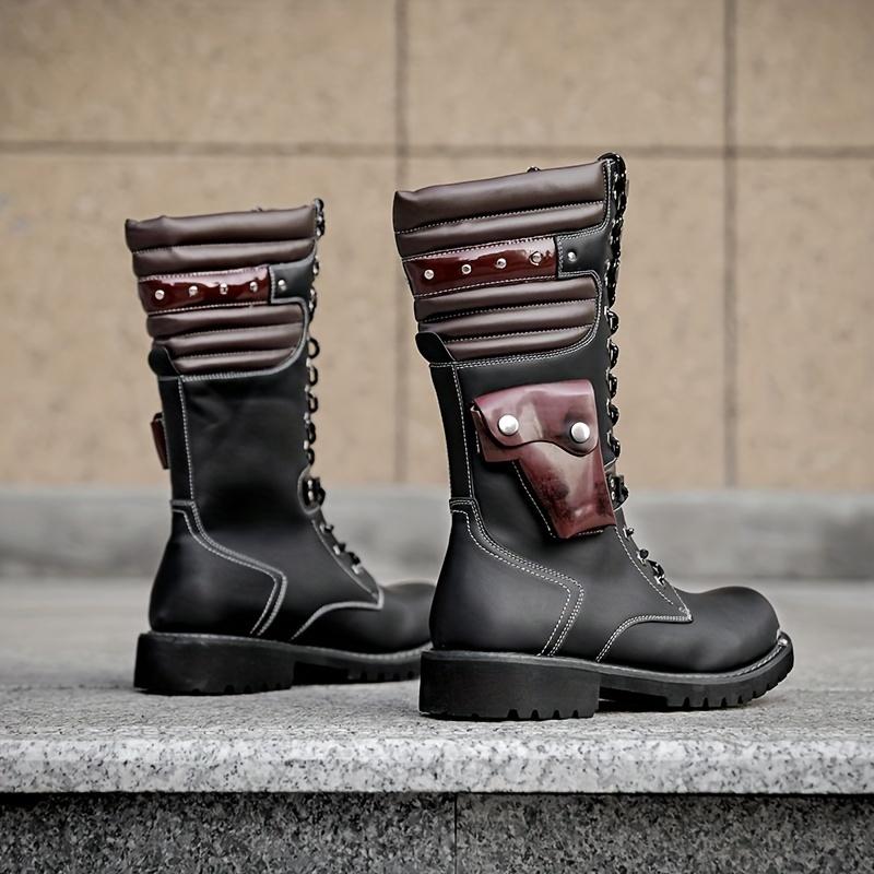 Men's Fashion Rivet Motorcycle Boots, Knee High Casual Non-Slip Boots, with PU Leather Upper, Suitable for Outdoor, Autumn and Winter