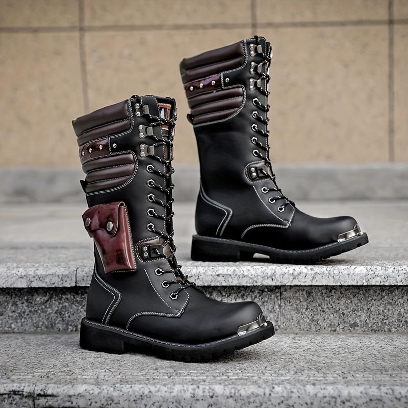 Men's Fashion Rivet Motorcycle Boots, Knee High Casual Non-Slip Boots, with PU Leather Upper, Suitable for Outdoor, Autumn and Winter