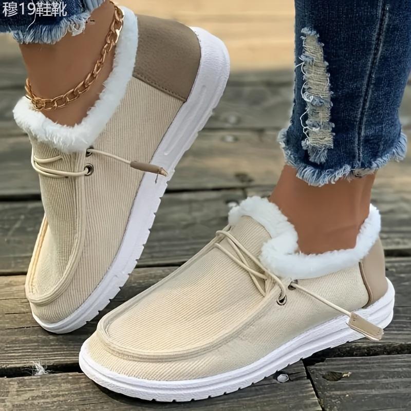 Women's Solid Color Lined Shoes, Slip On Fluffy Warm Flat Non-slip Canvas Shoes, Plush Winter Comfy Shoes Footwear Walking Shoes