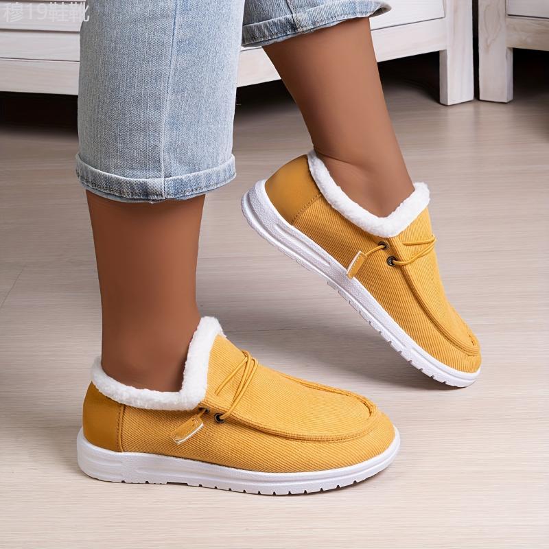 Women's Solid Color Lined Shoes, Slip On Fluffy Warm Flat Non-slip Canvas Shoes, Plush Winter Comfy Shoes Footwear Walking Shoes