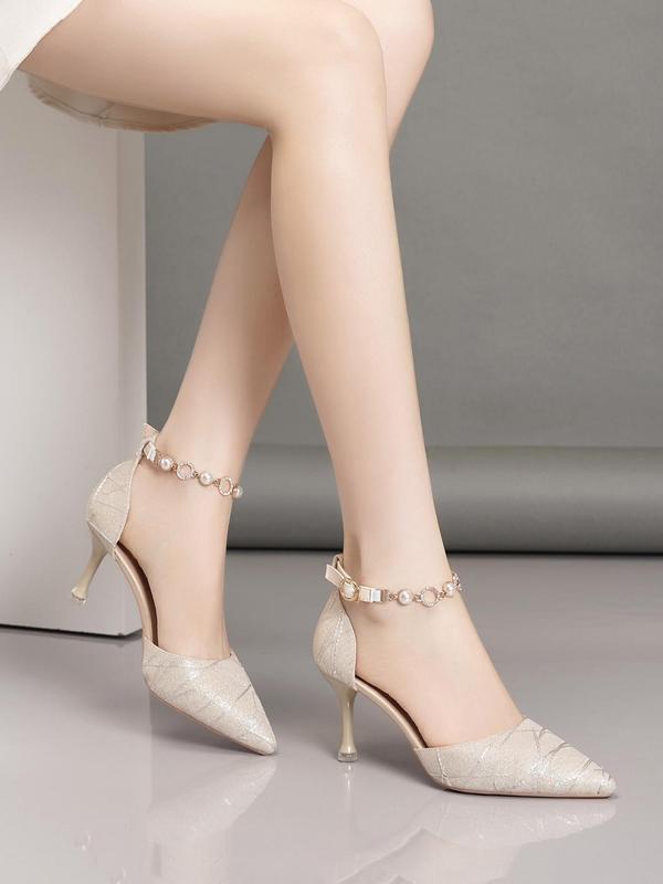 Fashion Gorgeous Faux Pearl & Rhinestone Decor Tweed Pumps, 2024 Elegant Pointed Toe Stiletto High Heels, Classy Stylish Heeled Shoe for Banquet & Wedding Party, Daily Footwear for Girl