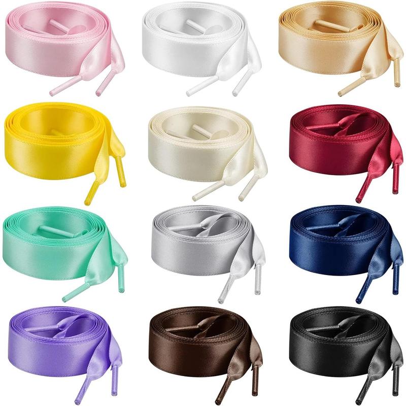 12 Pairs Flat Satin Ribbon Shoelaces Colorful Silk Shoestrings Wide Shoe Laces for Sneakers Skate Shoes Boots Sport Shoes (12 Colors)