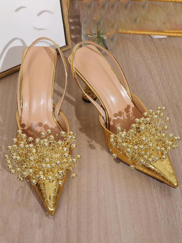 Women's Elegant Beaded Decorated High Heel Slingback Shoes, Fashionable Pointed Toe Heels for Party, Daily Clothing Decor for Women & Girls