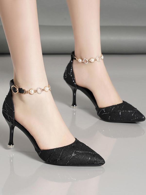 Fashion Gorgeous Faux Pearl & Rhinestone Decor Tweed Pumps, 2024 Elegant Pointed Toe Stiletto High Heels, Classy Stylish Heeled Shoe for Banquet & Wedding Party, Daily Footwear for Girl