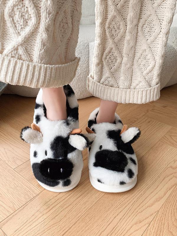 Women's Cute Cow Design Plush Slippers, Casual Soft Comfortable Home Slippers, Warm Slippers for Indoor & Outdoor Use for Fall & Winter