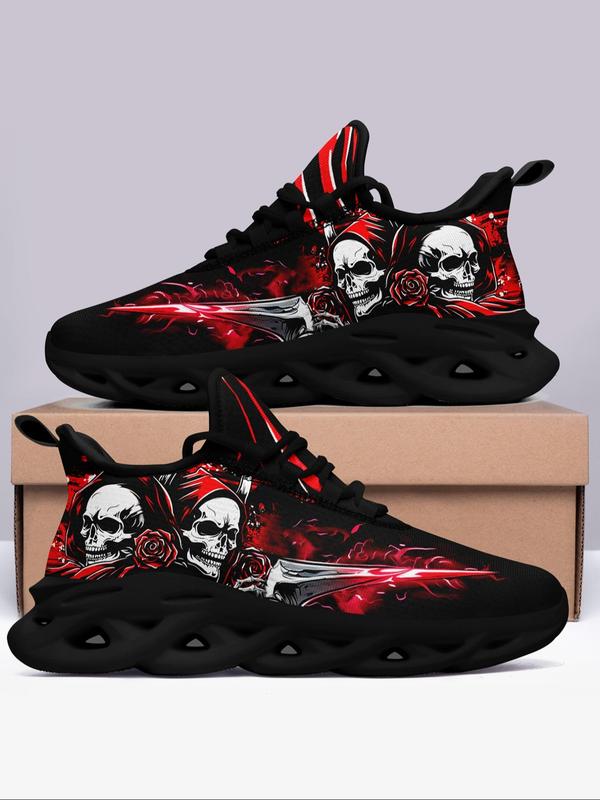 Men's Easter Fashionable Skull Print Lace Up Low Top Walking Shoes, Fall Boy Casual Comfortable Non-slip Shock Absorption Running Sports Shoes, Comfy Trendy Shoes for Men, Footwear Designer Shoes