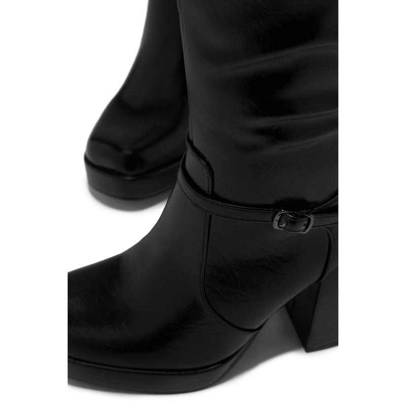 Hazelle Platform Block Heel Boots - Black Pat