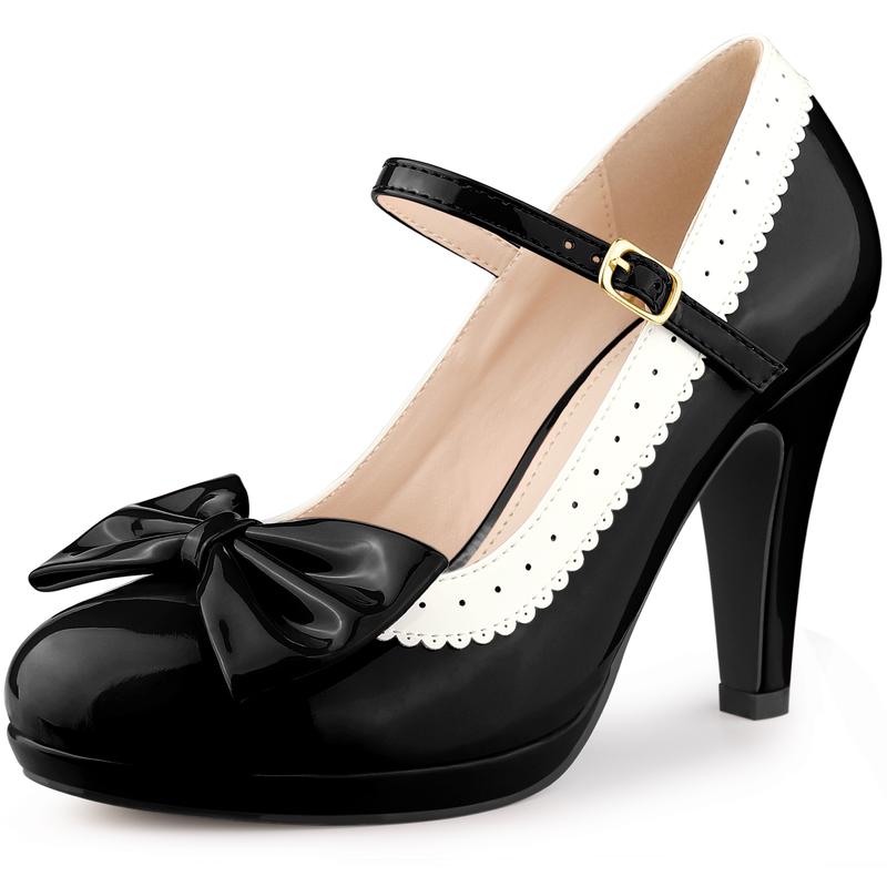 Allegra K Bow Platform Stiletto Heels Mary Janes Shoes for Women Retro 1950s Shoes Black