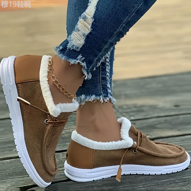 Women's Solid Color Lined Shoes, Slip On Fluffy Warm Flat Non-slip Canvas Shoes, Plush Winter Comfy Shoes Footwear Walking Shoes