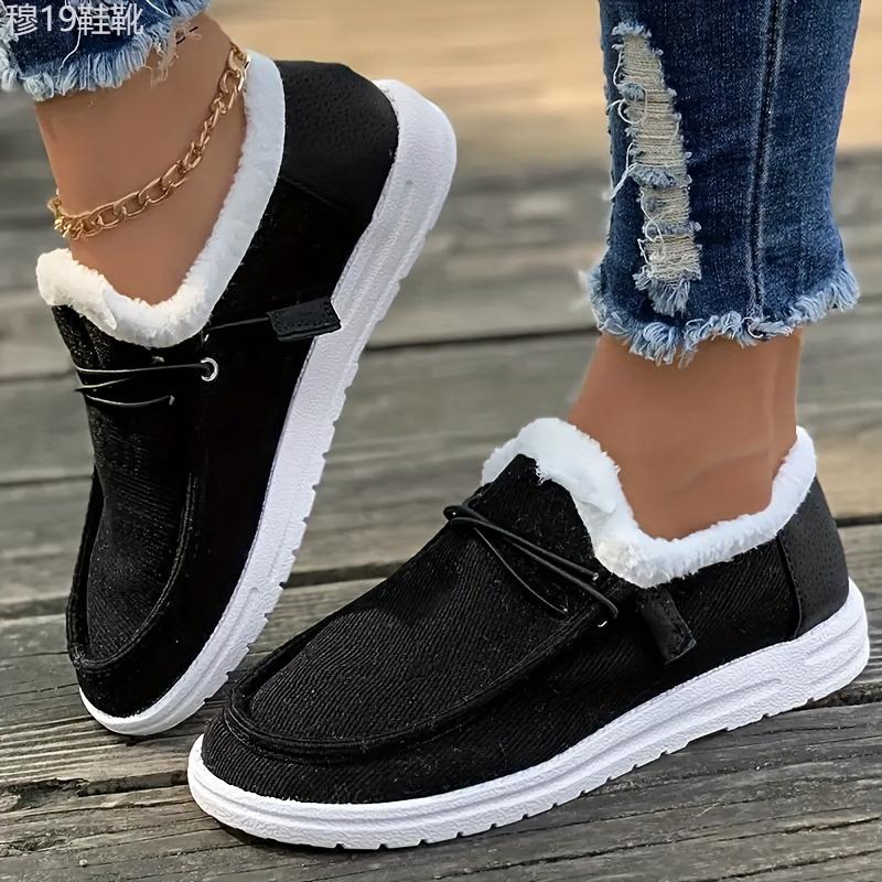 Women's Solid Color Lined Shoes, Slip On Fluffy Warm Flat Non-slip Canvas Shoes, Plush Winter Comfy Shoes Footwear Walking Shoes