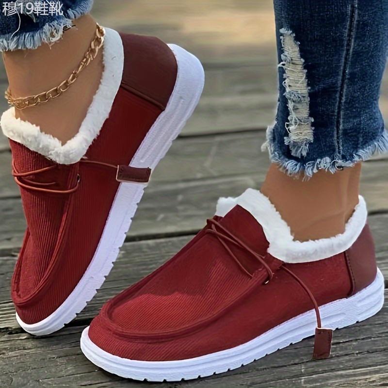 Women's Solid Color Lined Shoes, Slip On Fluffy Warm Flat Non-slip Canvas Shoes, Plush Winter Comfy Shoes Footwear Walking Shoes