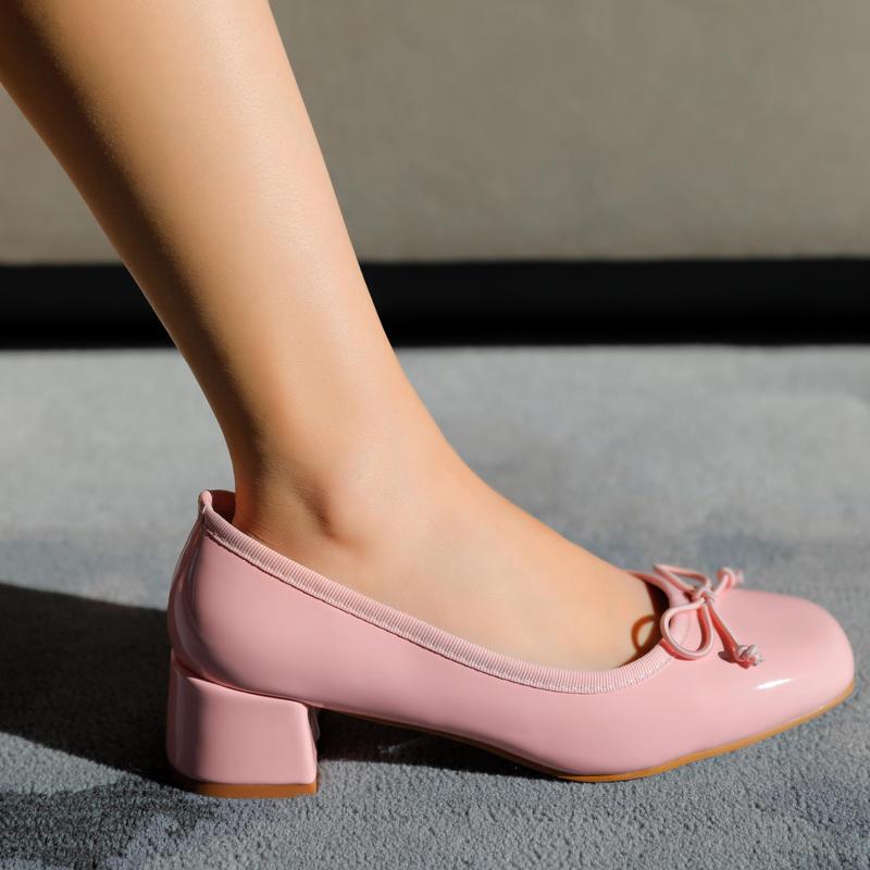 BELOVELY Women's Elegant Coquette Ballet Pumps, Low Chunky Block Heels, Square Toe Comfy doll shoes with bowknots [CONNECTION-1]