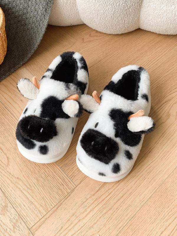 Women's Cute Cow Design Plush Slippers, Casual Soft Comfortable Home Slippers, Warm Slippers for Indoor & Outdoor Use for Fall & Winter