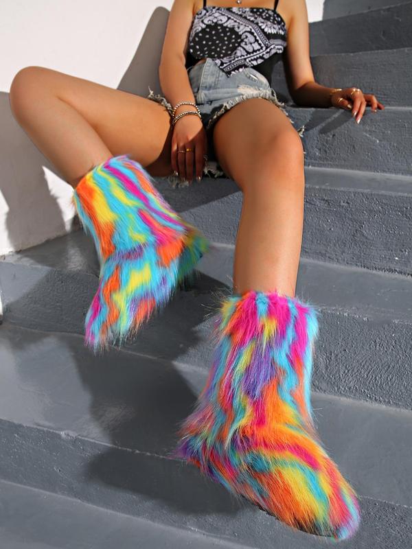 Women's Tie Dye Print Fluffy Lined Snow Boots, Casual Comfortable Warm Thick Sole Ankle Boots for Winter, Female All-match Round Toe Boots for Daily Wear