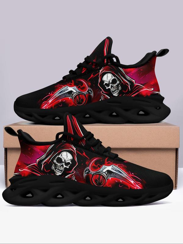 Men's Easter Fashionable Skull Print Lace Up Low Top Walking Shoes, Fall Boy Casual Comfortable Non-slip Shock Absorption Running Sports Shoes, Comfy Trendy Shoes for Men, Footwear Designer Shoes