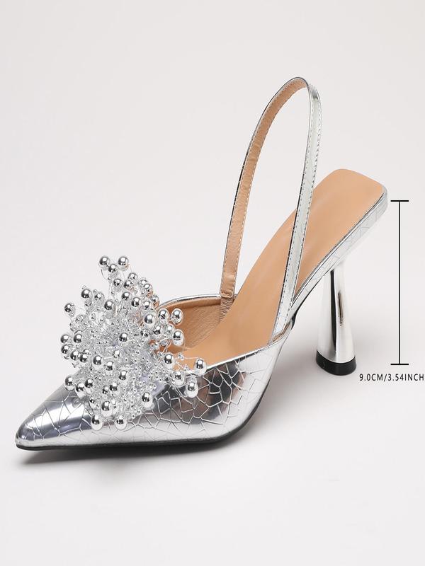 Women's Elegant Beaded Decorated High Heel Slingback Shoes, Fashionable Pointed Toe Heels for Party, Daily Clothing Decor for Women & Girls