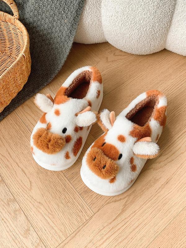 Women's Cute Cow Design Plush Slippers, Casual Soft Comfortable Home Slippers, Warm Slippers for Indoor & Outdoor Use for Fall & Winter