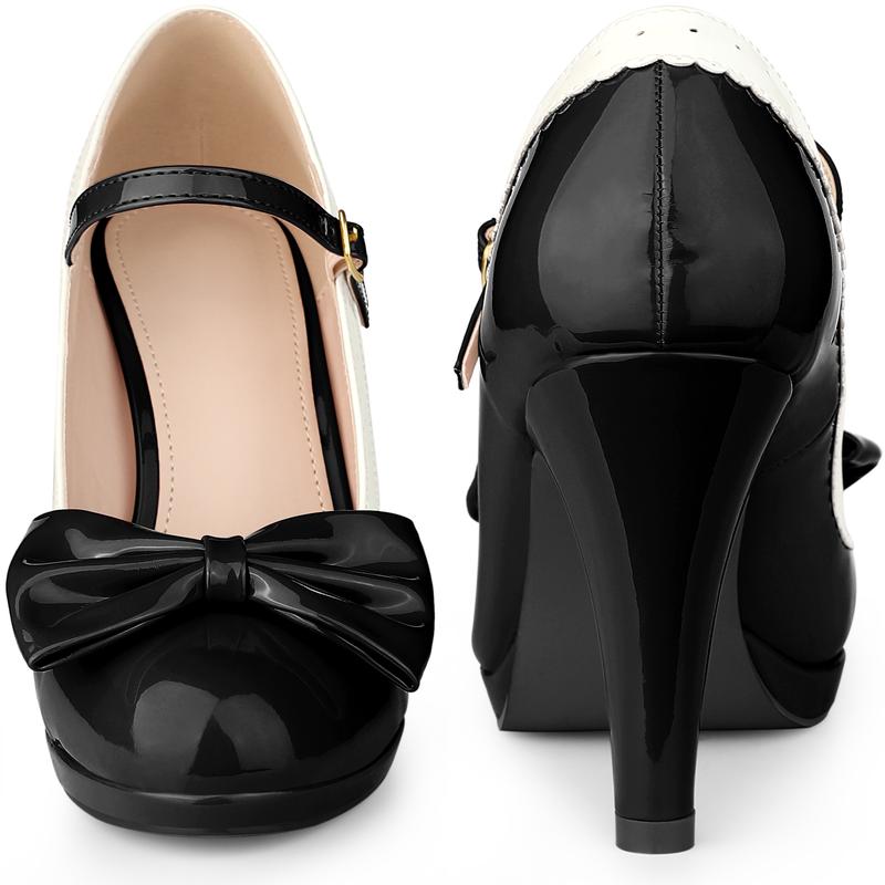 Allegra K Bow Platform Stiletto Heels Mary Janes Shoes for Women Retro 1950s Shoes Black