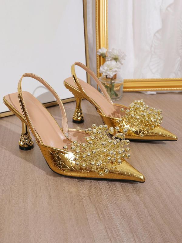 Women's Elegant Beaded Decorated High Heel Slingback Shoes, Fashionable Pointed Toe Heels for Party, Daily Clothing Decor for Women & Girls