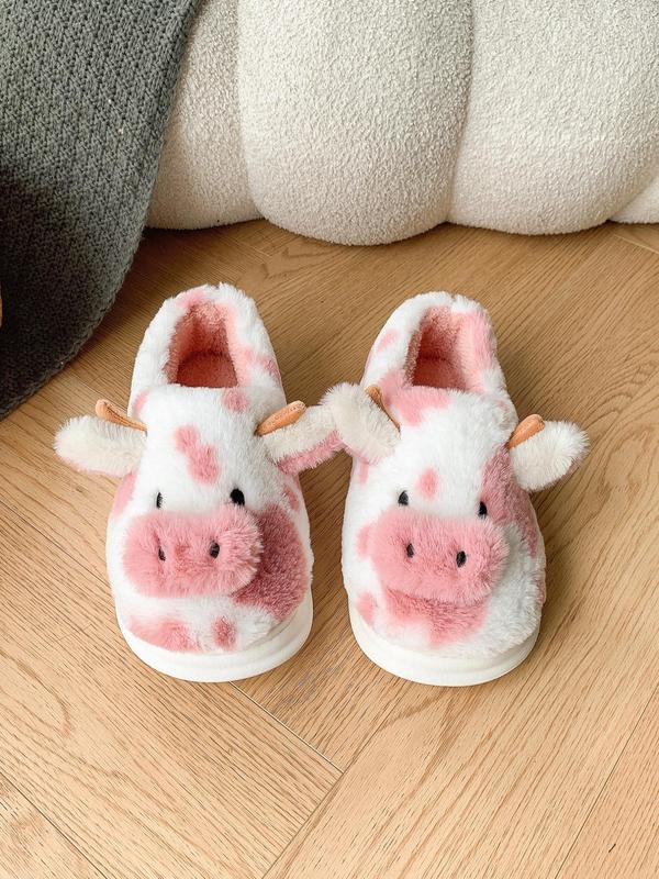 Women's Cute Cow Design Plush Slippers, Casual Soft Comfortable Home Slippers, Warm Slippers for Indoor & Outdoor Use for Fall & Winter