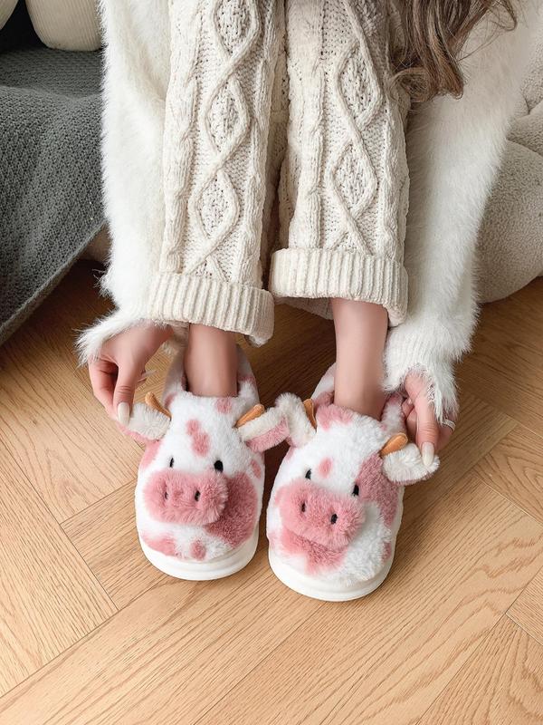 Women's Cute Cow Design Plush Slippers, Casual Soft Comfortable Home Slippers, Warm Slippers for Indoor & Outdoor Use for Fall & Winter