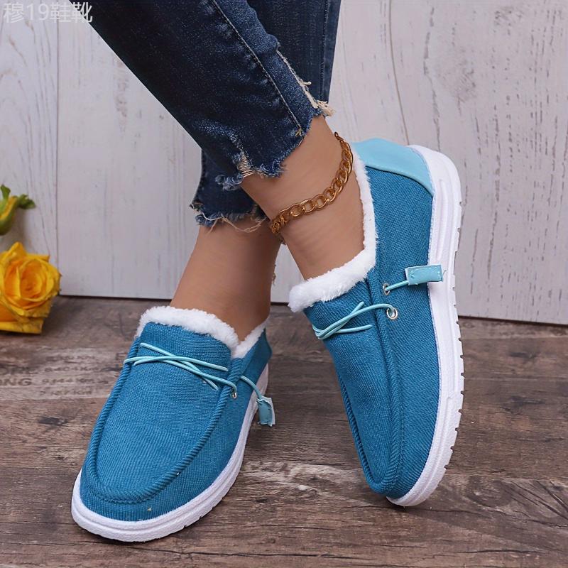 Women's Solid Color Lined Shoes, Slip On Fluffy Warm Flat Non-slip Canvas Shoes, Plush Winter Comfy Shoes Footwear Walking Shoes