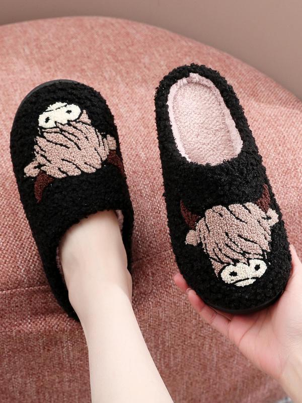 Women's Cute Cartoon Cow Pattern Embroidered Plush Slippers, Casual Soft Comfortable Home Slippers, Warm Slippers for Indoor & Outdoor Use for All Seasons