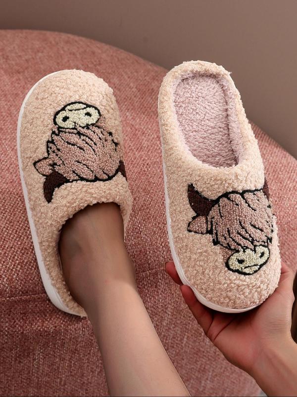 Women's Cute Cartoon Cow Pattern Embroidered Plush Slippers, Casual Soft Comfortable Home Slippers, Warm Slippers for Indoor & Outdoor Use for All Seasons