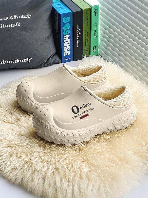 Men's Letter Pattern Waterproof Plush Lining Slippers, Casual Comfortable Home Slippers, Warm Slippers for Indoor & Outdoor Use for Fall & Winter