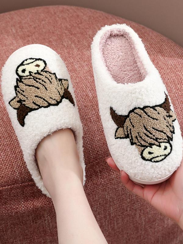 Women's Cute Cartoon Cow Pattern Embroidered Plush Slippers, Casual Soft Comfortable Home Slippers, Warm Slippers for Indoor & Outdoor Use for All Seasons