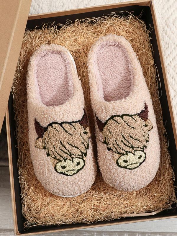 Women's Cute Cartoon Cow Pattern Embroidered Plush Slippers, Casual Soft Comfortable Home Slippers, Warm Slippers for Indoor & Outdoor Use for All Seasons