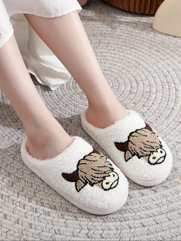 Women's Cute Cartoon Cow Pattern Embroidered Plush Slippers, Casual Soft Comfortable Home Slippers, Warm Slippers for Indoor & Outdoor Use for All Seasons