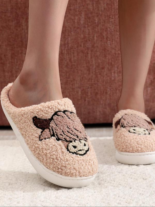 Women's Cute Cartoon Cow Pattern Embroidered Plush Slippers, Casual Soft Comfortable Home Slippers, Warm Slippers for Indoor & Outdoor Use for All Seasons