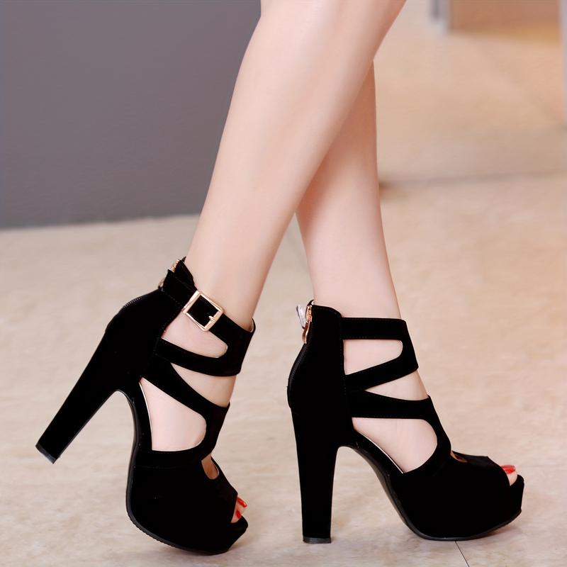 Black Peep Toe Stiletto Heels, Breathable Hollow Non-Slip Dance Heels, Casual Work Shoes, Women's Shoes